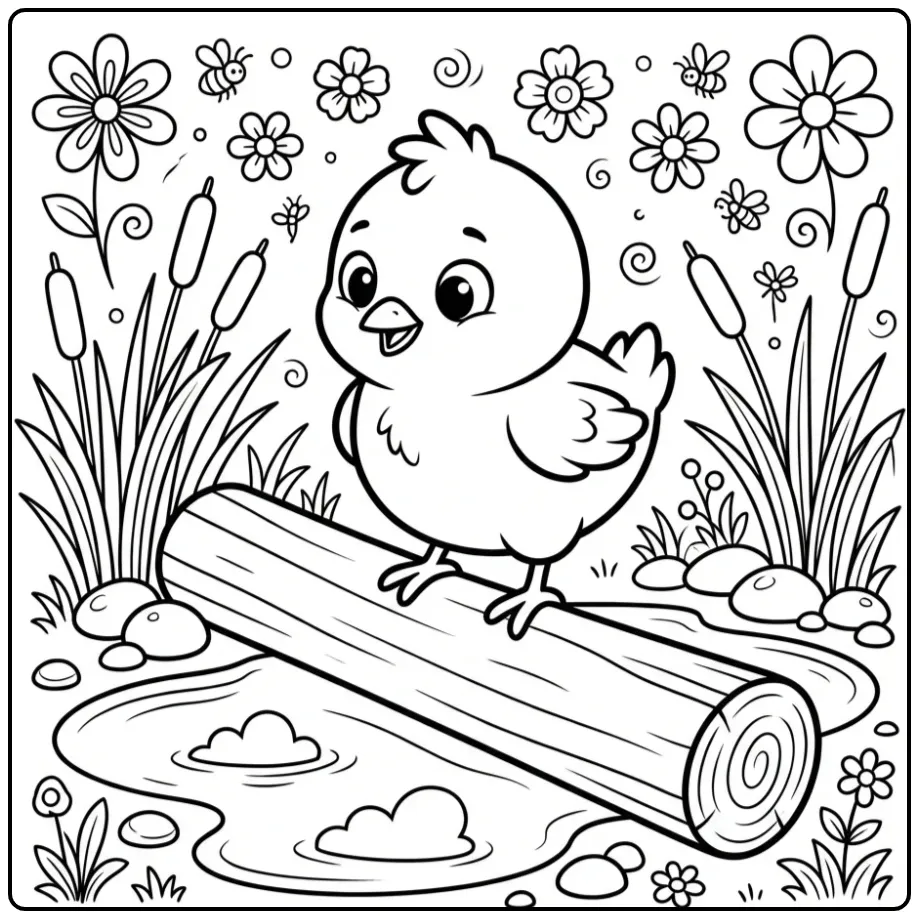 Chick coloring page balancing on a wooden log by water