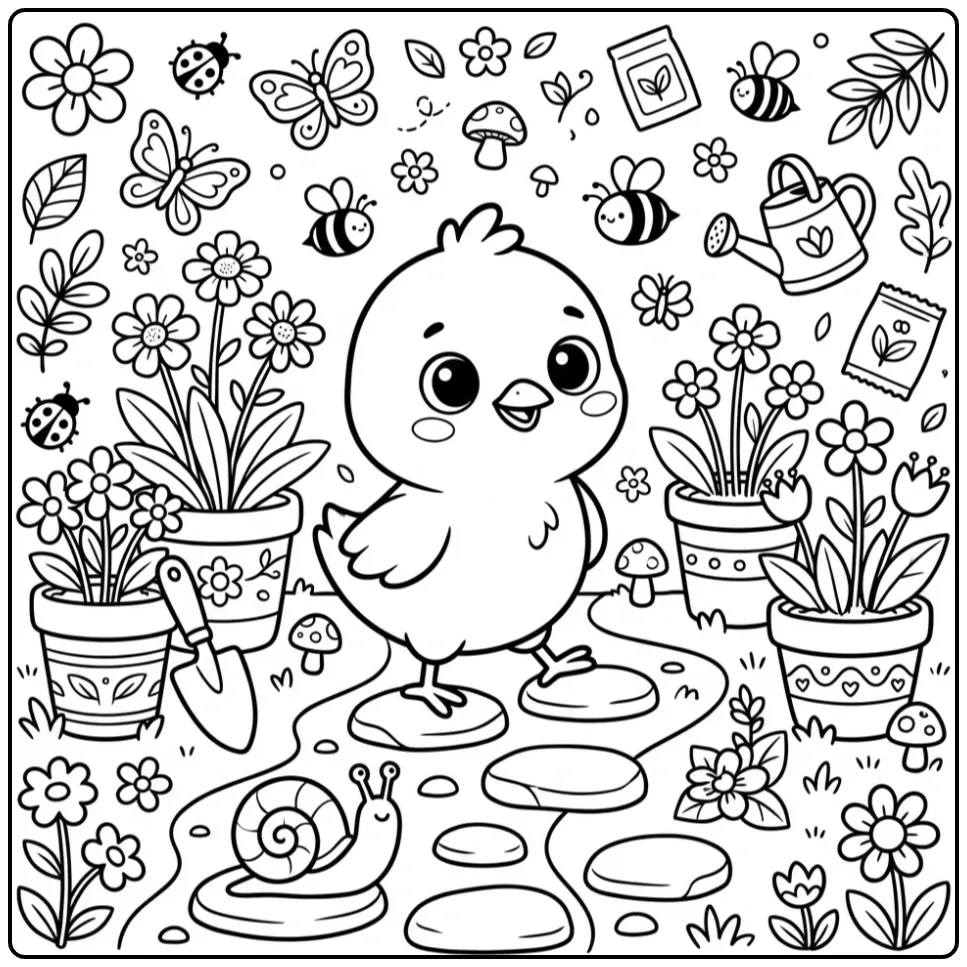 Chick coloring page on a garden path with a snail