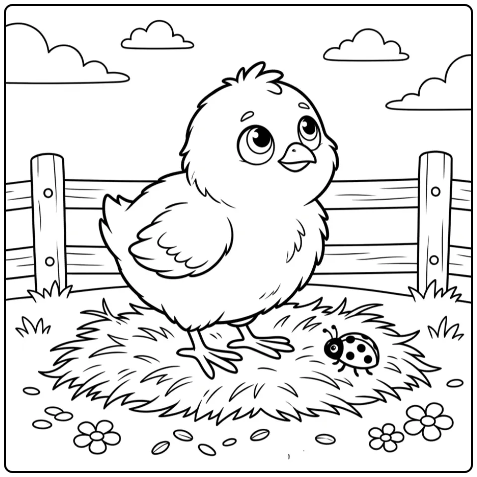 Chick coloring page with a small ladybug by a fence