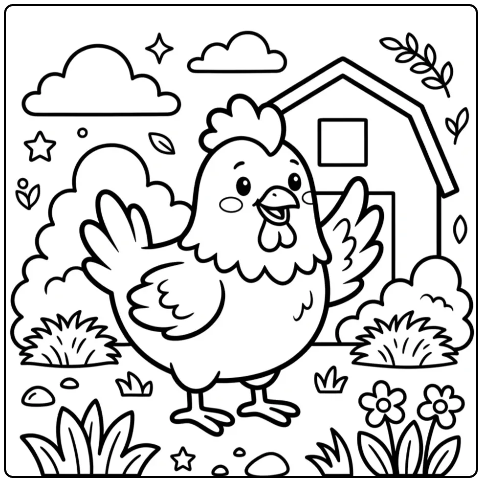 Toddler chick coloring page waving by a farm barn