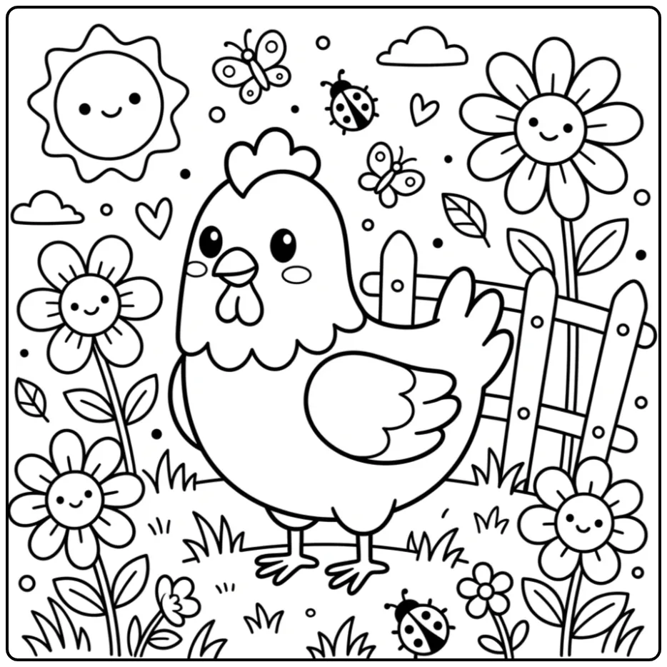 Toddler chick coloring page with a simple hen and flowers
