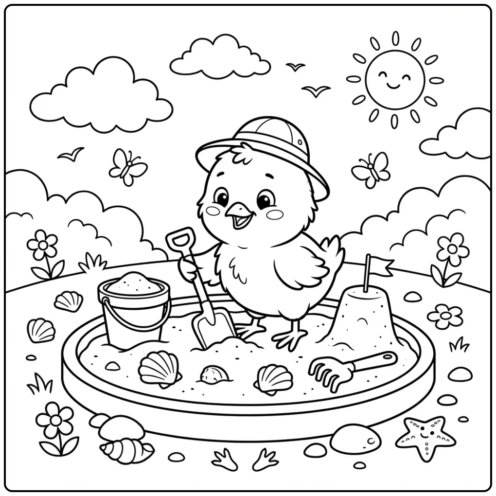 Chick coloring page playing in a sandbox with a bucket