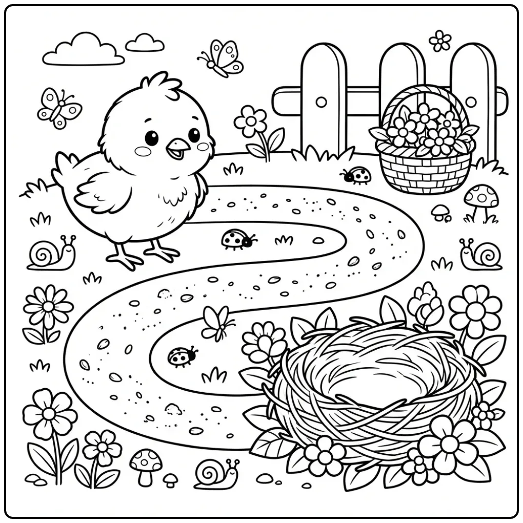 Chick coloring page following a crumb path to a nest