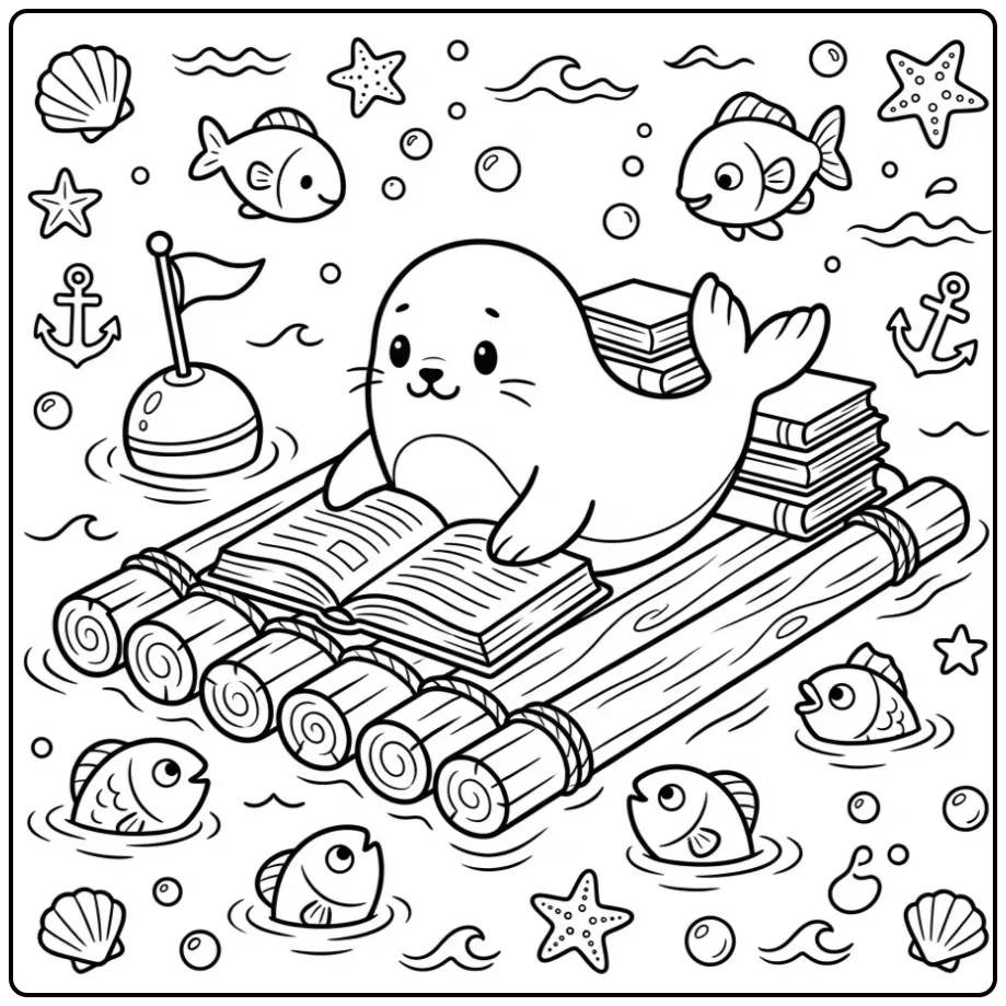 Seal coloring page showing a reading seal