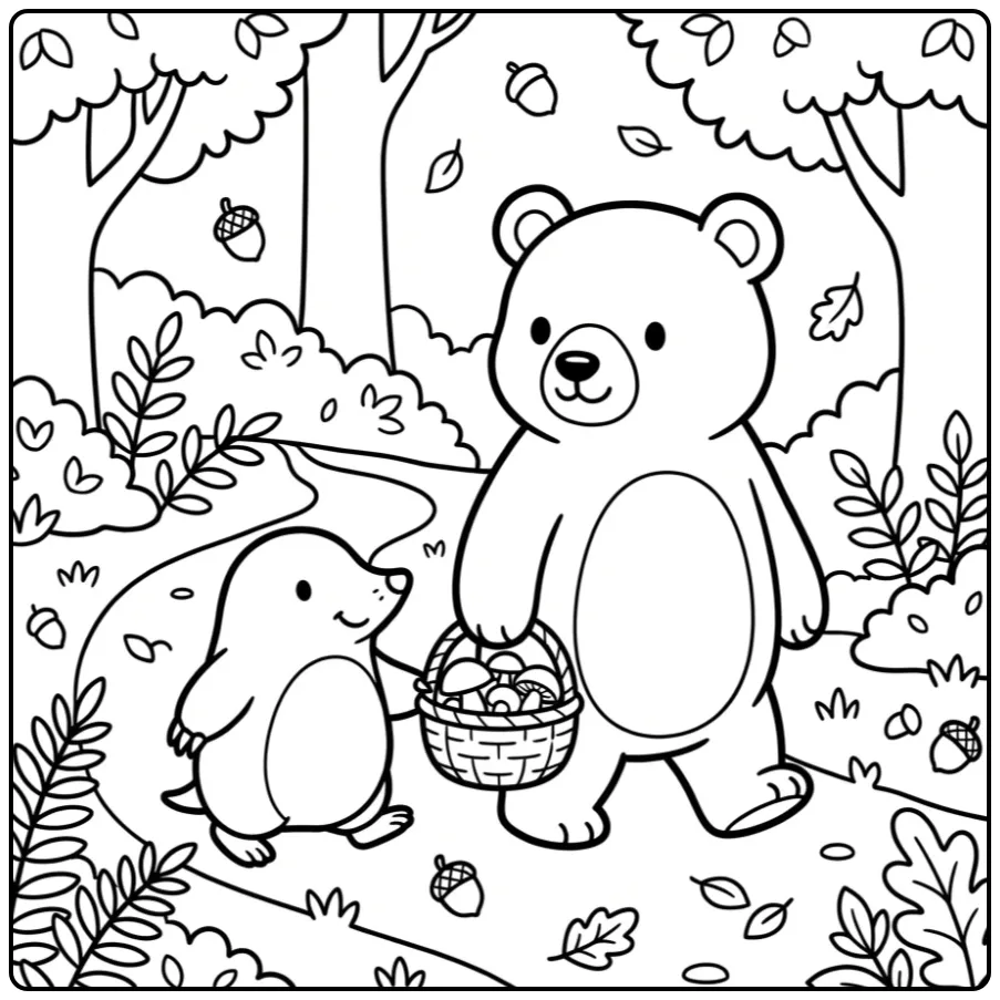 Mole and bear coloring page with a mushroom basket