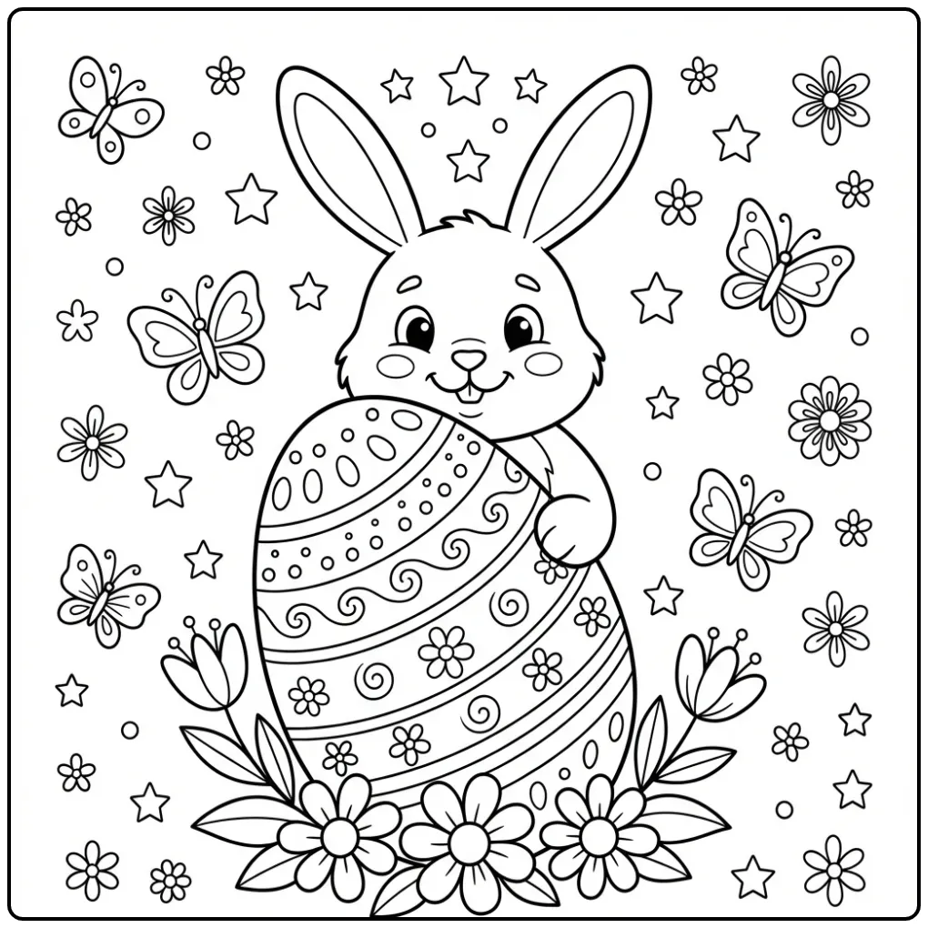 Easter Bunny head coloring page behind a large egg