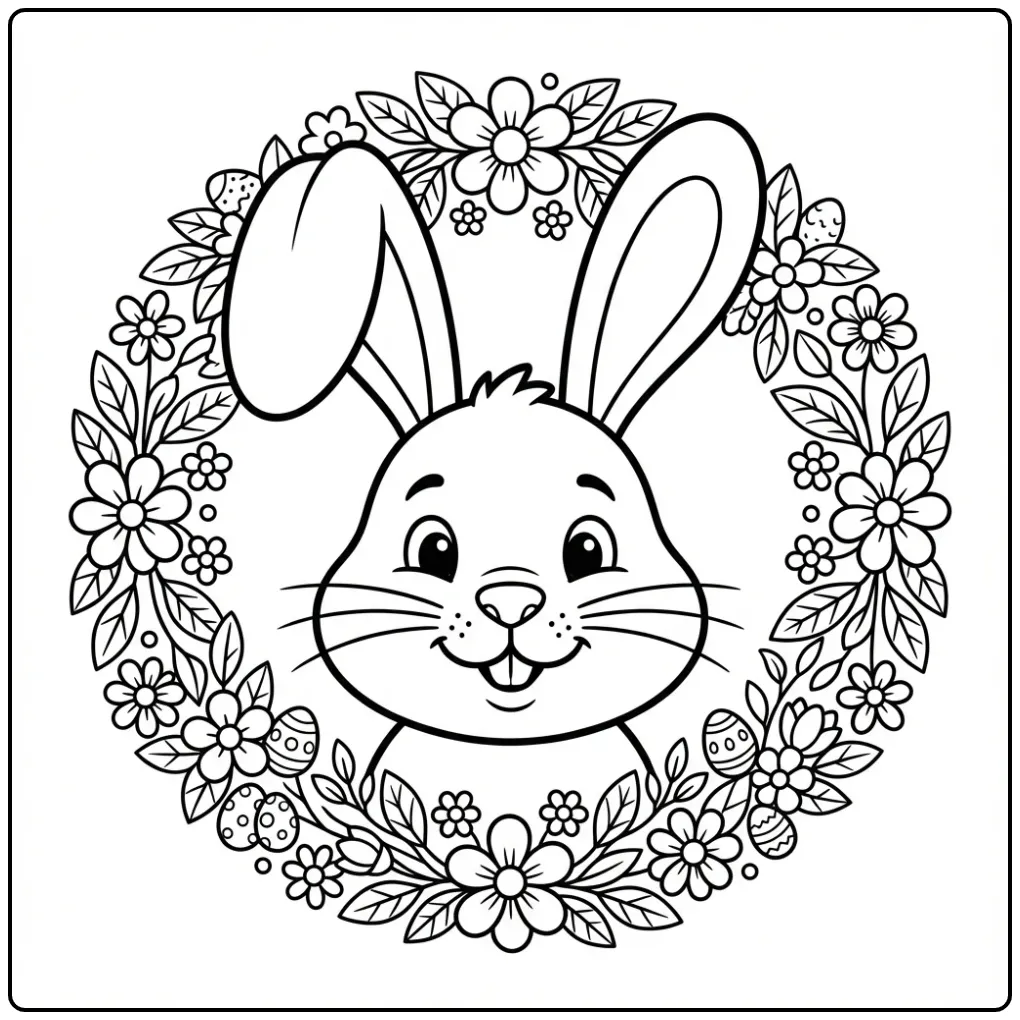 Easter Bunny head coloring page with eggs and flowers