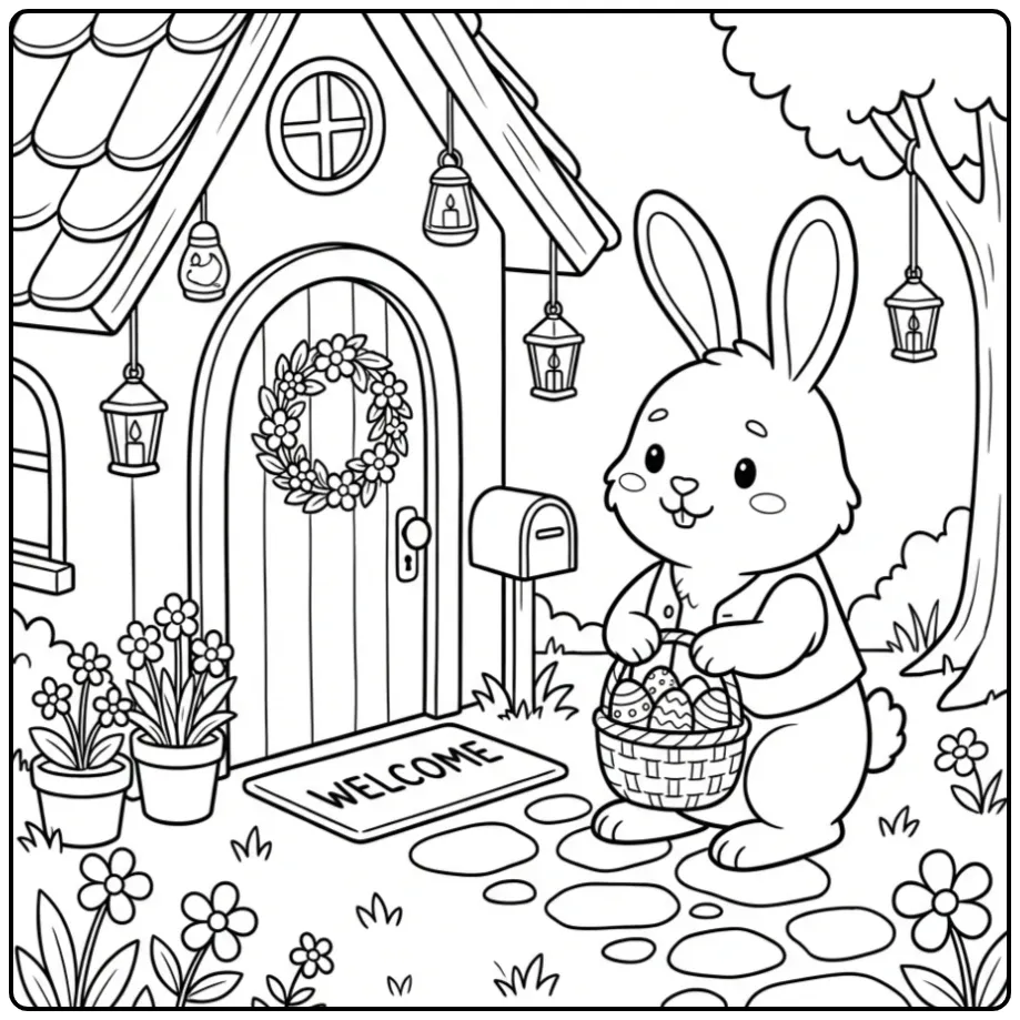 Easter Bunny coloring page with a basket at the front door