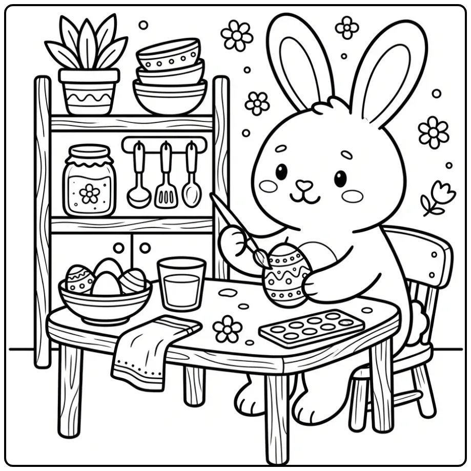 Easter Bunny coloring page painting eggs at a table