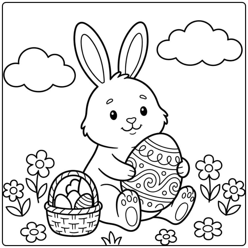 Simple Easter Bunny coloring page with a large egg and basket