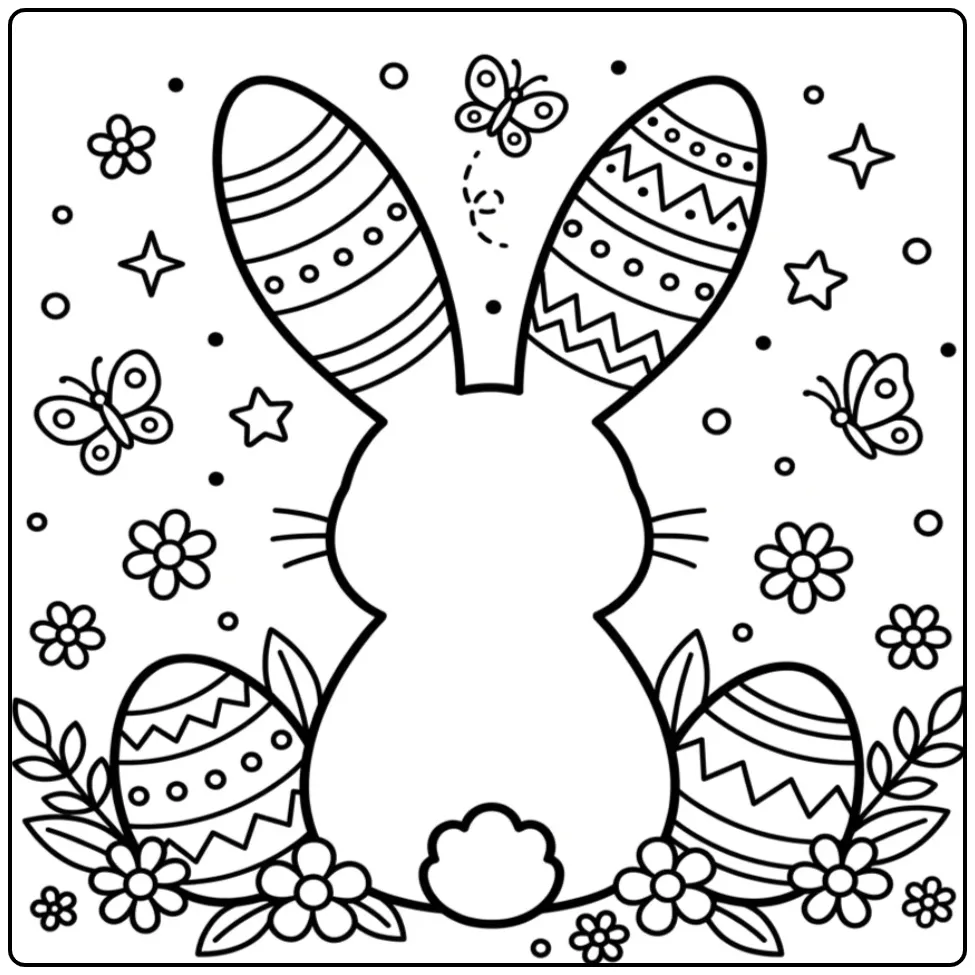 Easter Bunny ears coloring page with eggs and flowers