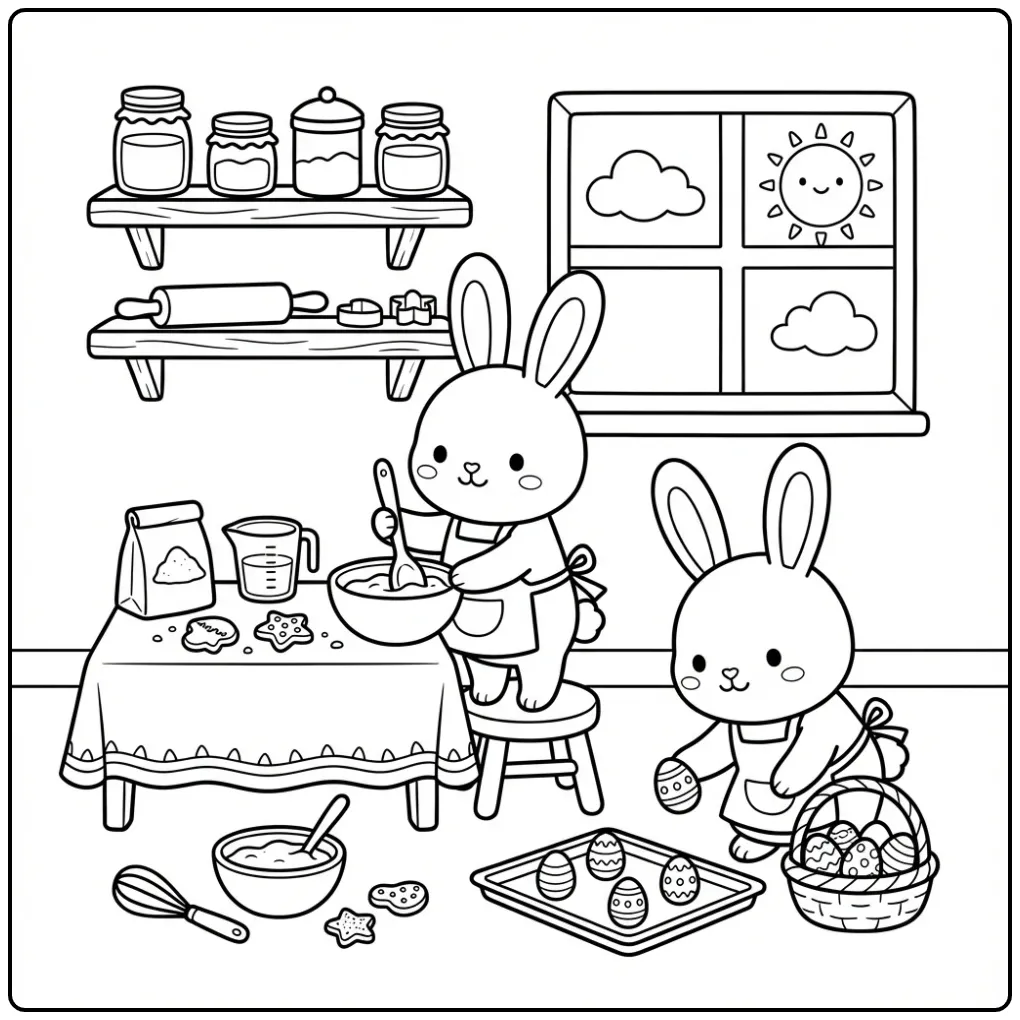 Easter bunnies coloring page baking in the kitchen