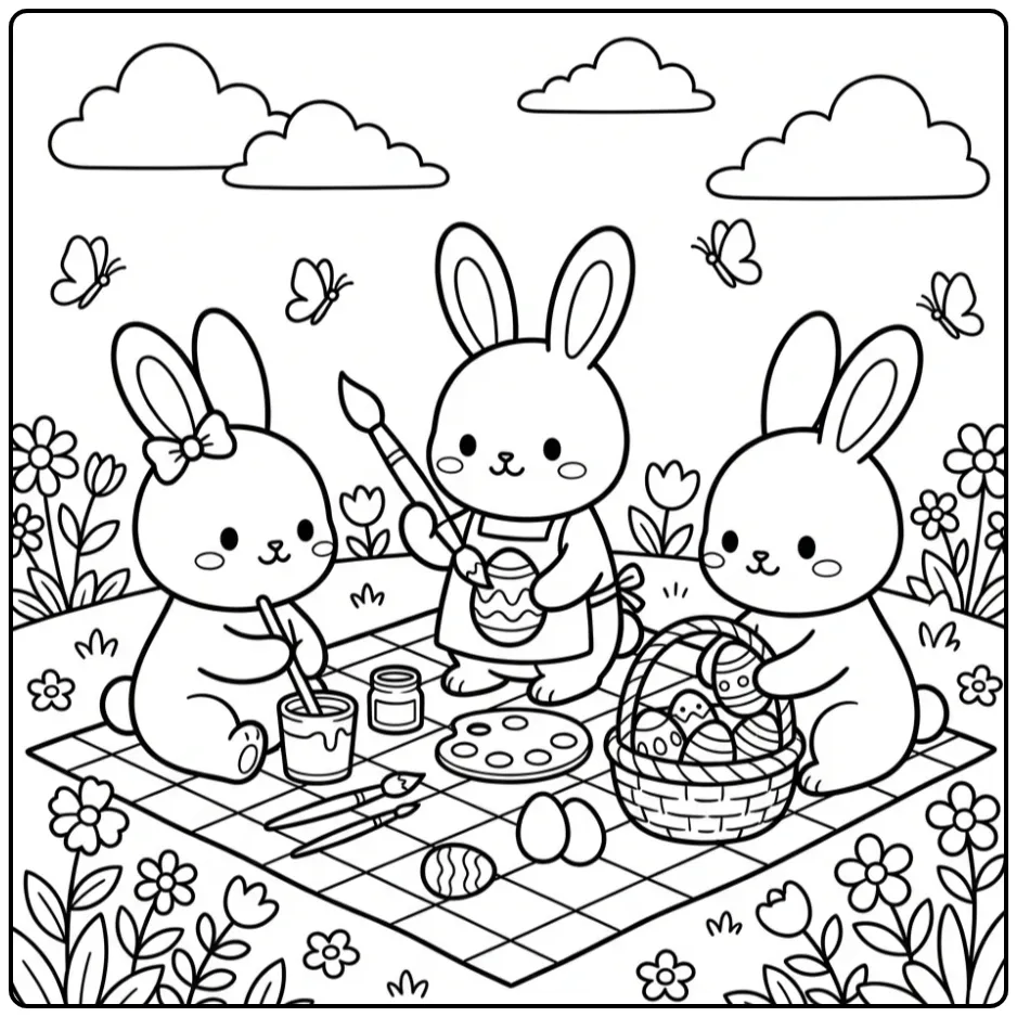 Easter bunnies coloring page painting eggs in a meadow