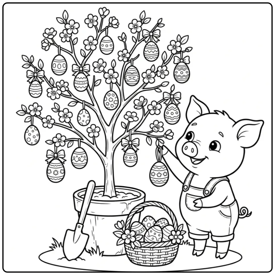 Easter pig coloring page decorating eggs