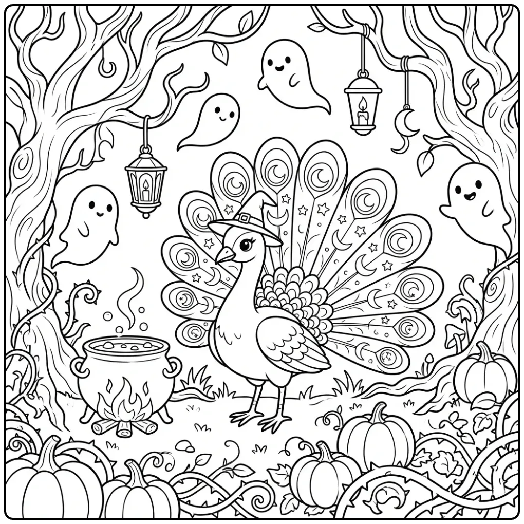 Halloween peacock coloring page with a witch hat