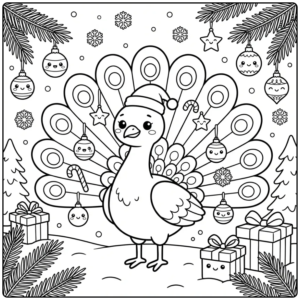 Christmas peacock coloring page in the snow