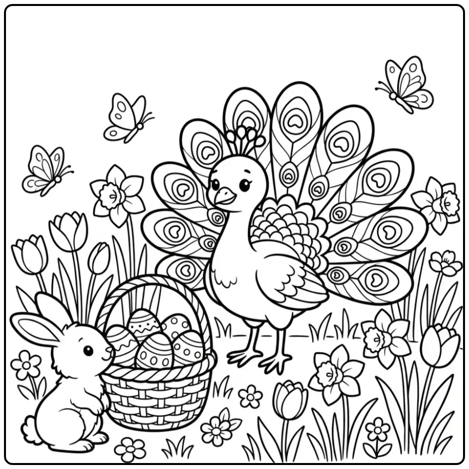 Easter peacock coloring page with eggs and tulips