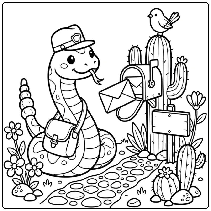 Rattlesnake coloring page as a mail carrier with a letter