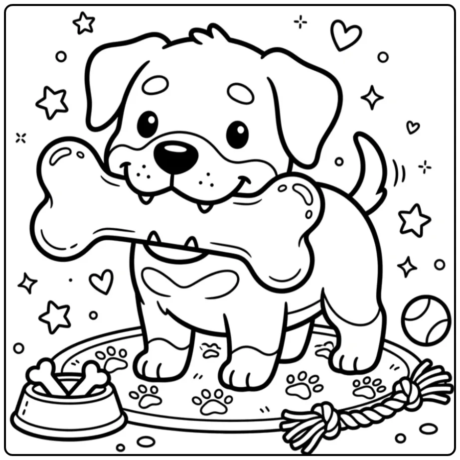 Cheerful Rottweiler with Toys and Stars coloring page