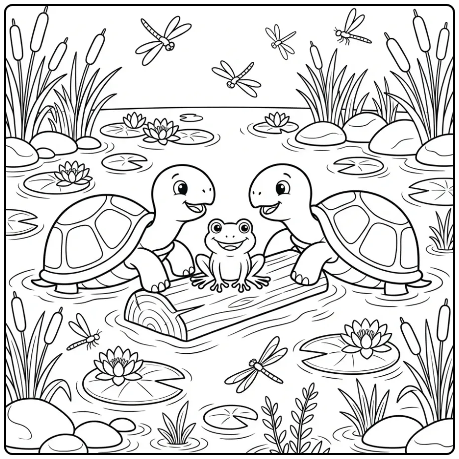 Turtles coloring page with two friends by a log