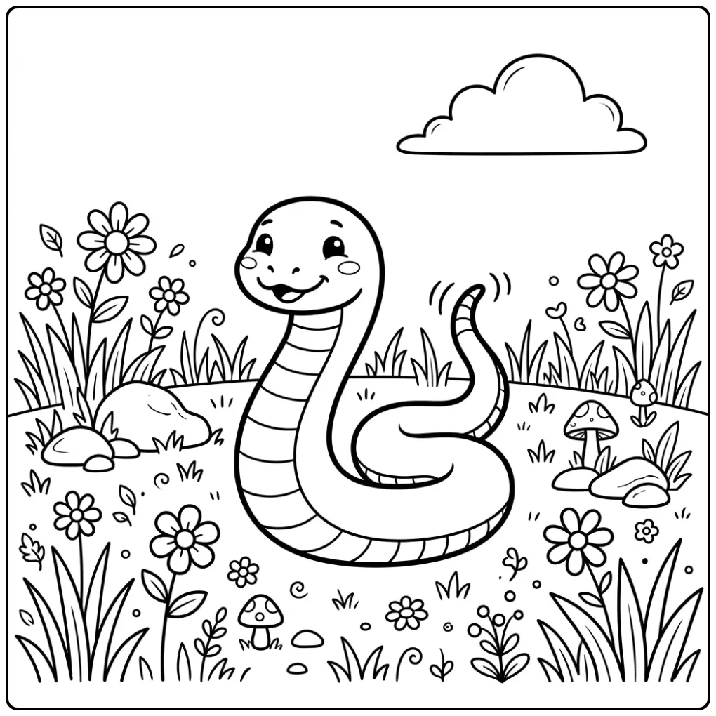 Easy snake coloring page showing a friendly snake in a meadow