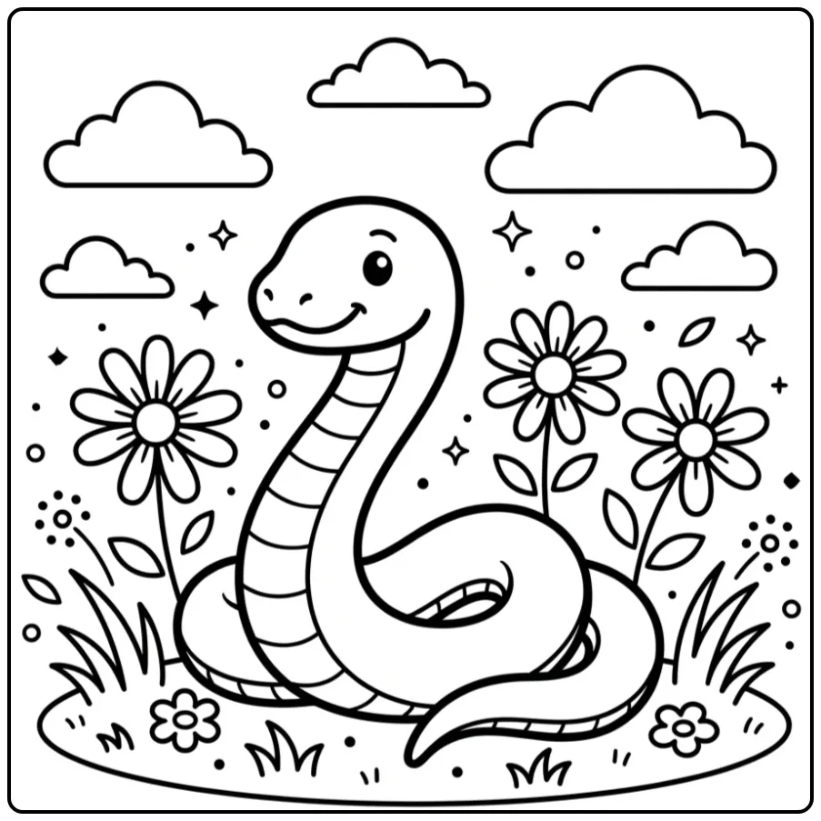 Easy snake coloring page showing a snake in flowers