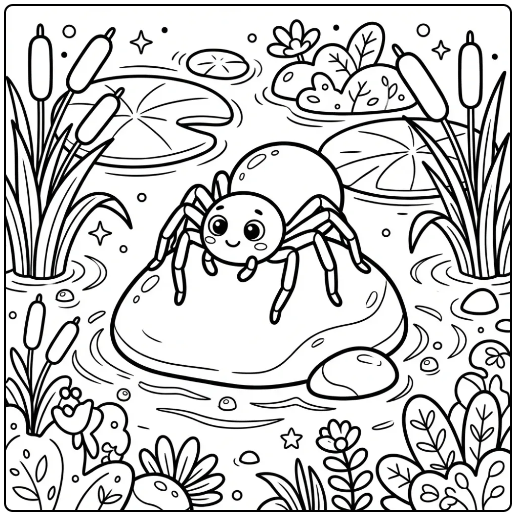 Spider coloring page on a stone by the water