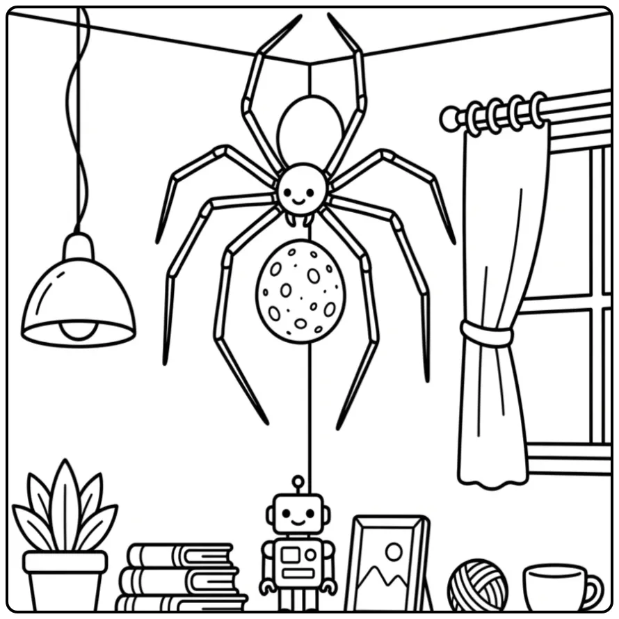 Spider coloring page with eggs in a room corner