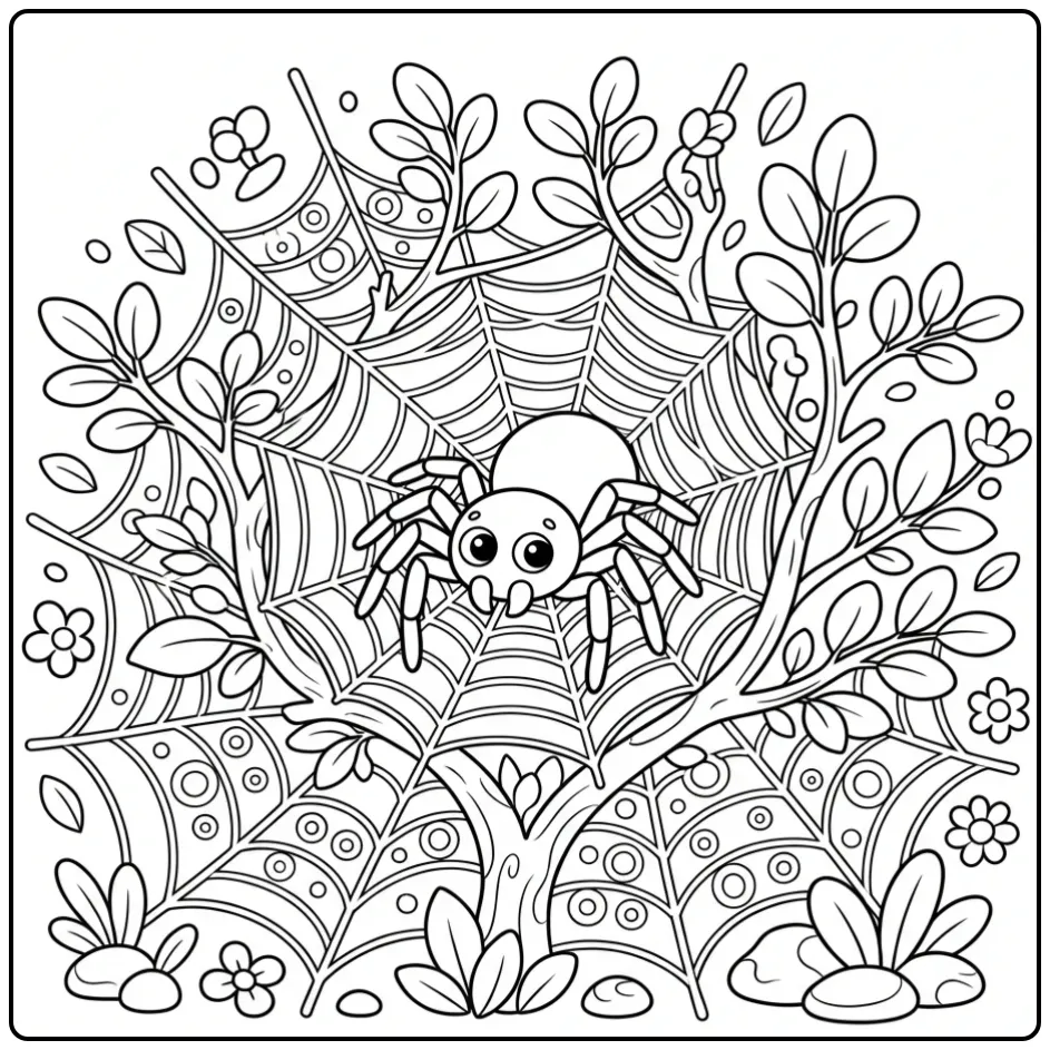 Funnel-web spider coloring page in a garden web