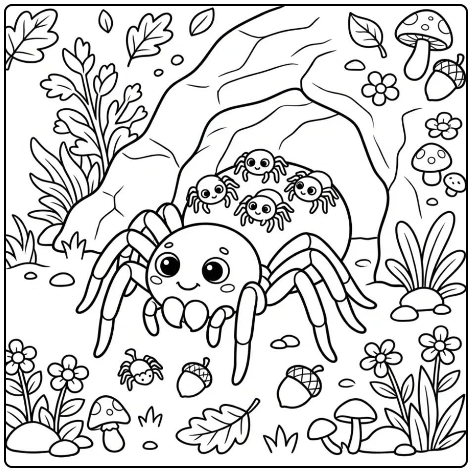 Spider coloring page with babies on the back