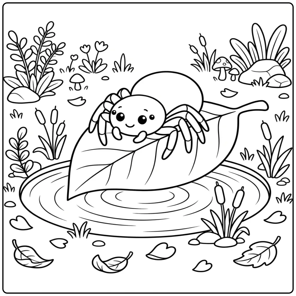 Crab spider coloring page on a leaf