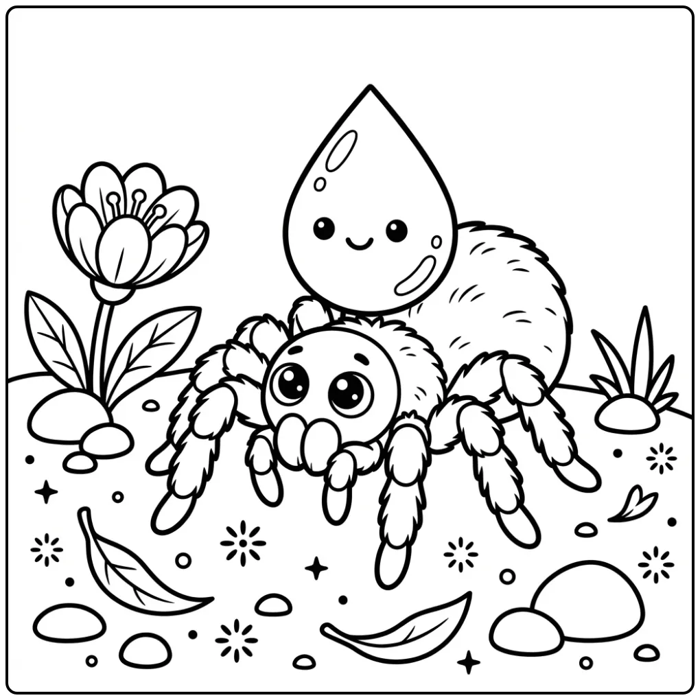 Cartoon spider coloring page carrying a water drop by a flower