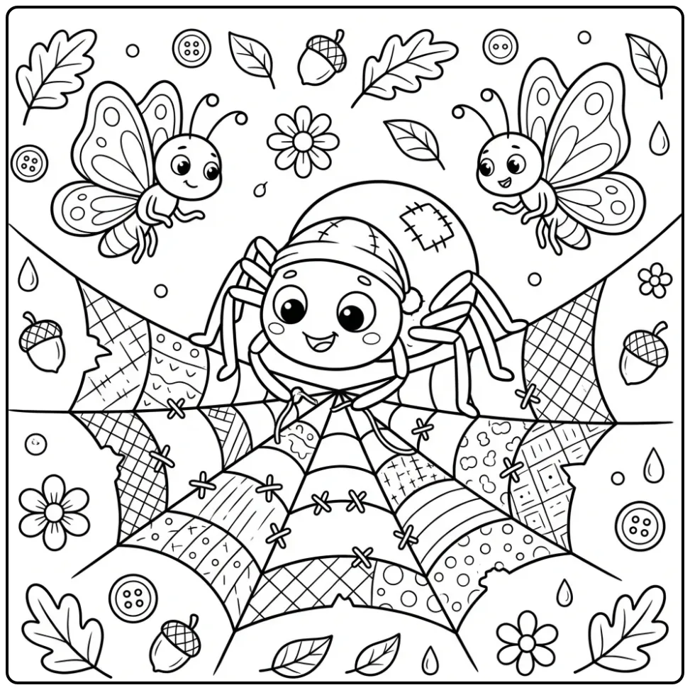 Cute spider coloring page repairing a web with butterflies