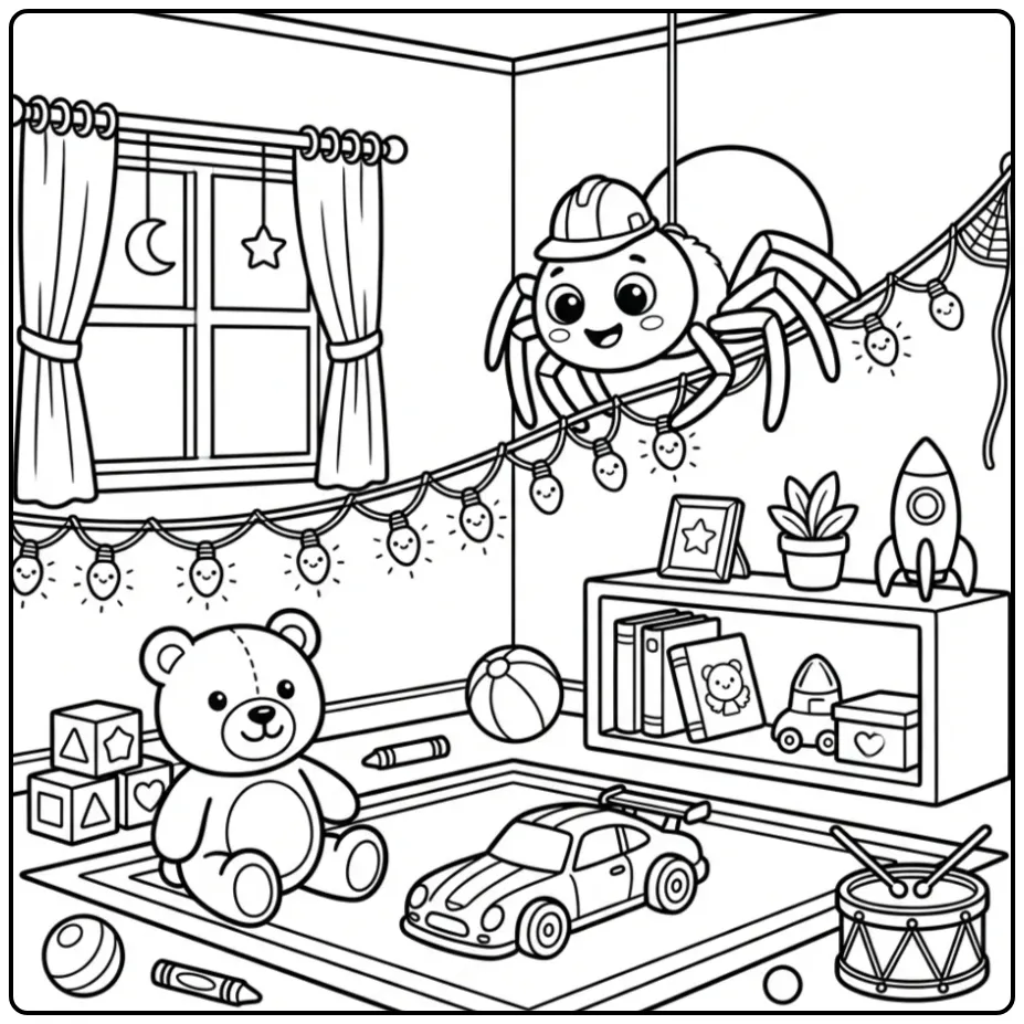 Cute spider coloring page in a bedroom with toys