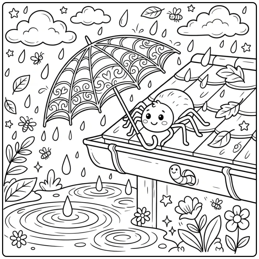 Spider coloring page with a web umbrella in the rain