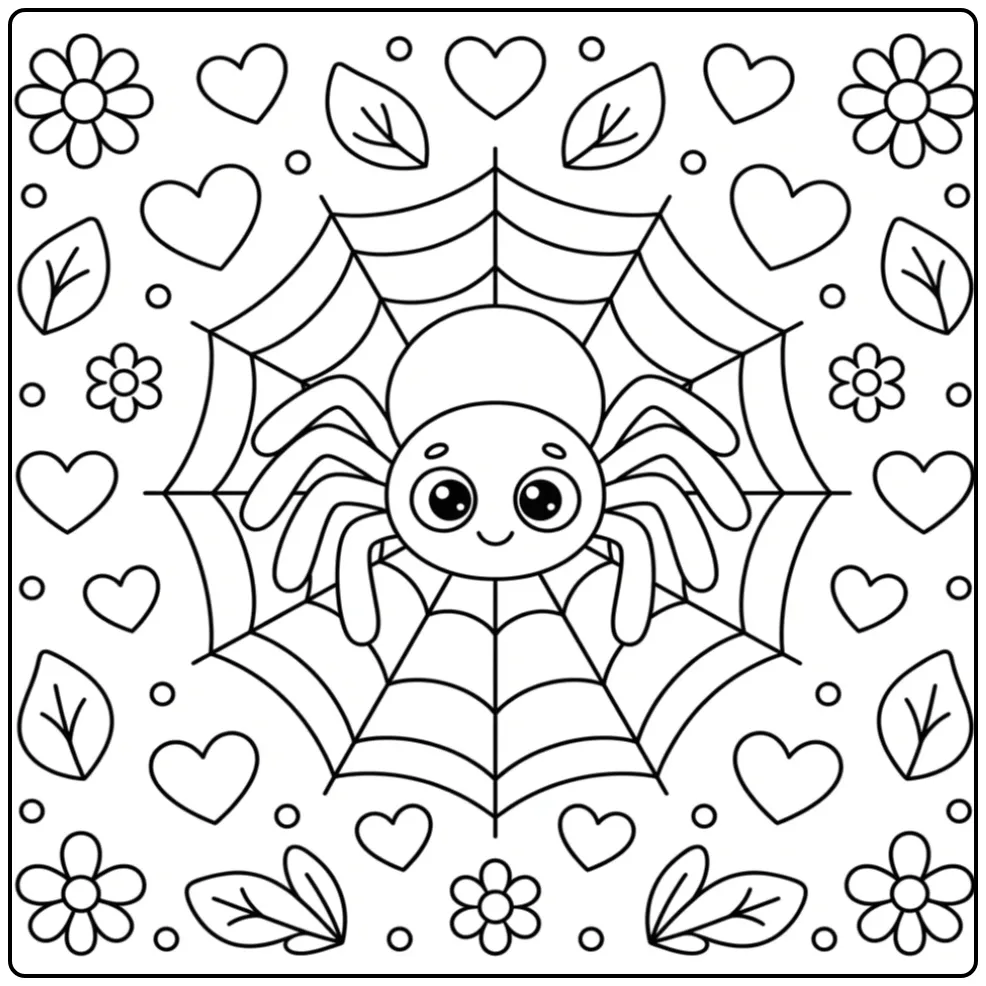 Toddler spider coloring page with hearts and flowers