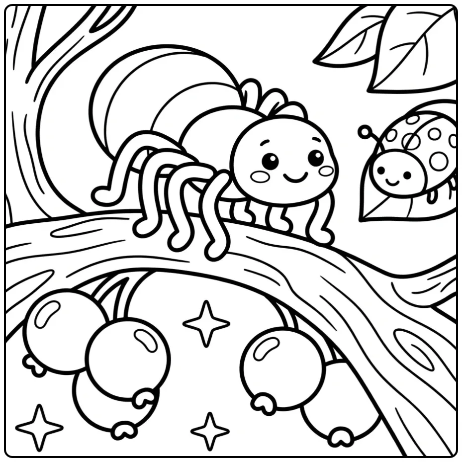 Toddler spider coloring page on a branch with berries