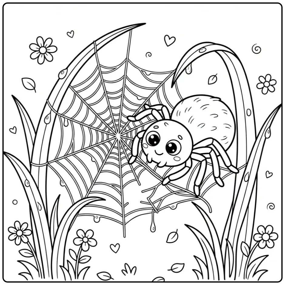 Cartoon spider coloring page in a web with flowers and dew
