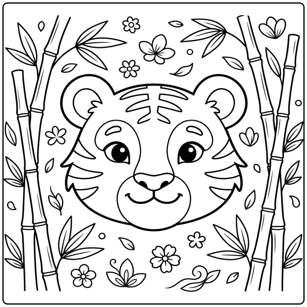 Tiger head coloring page with bamboo and leaves