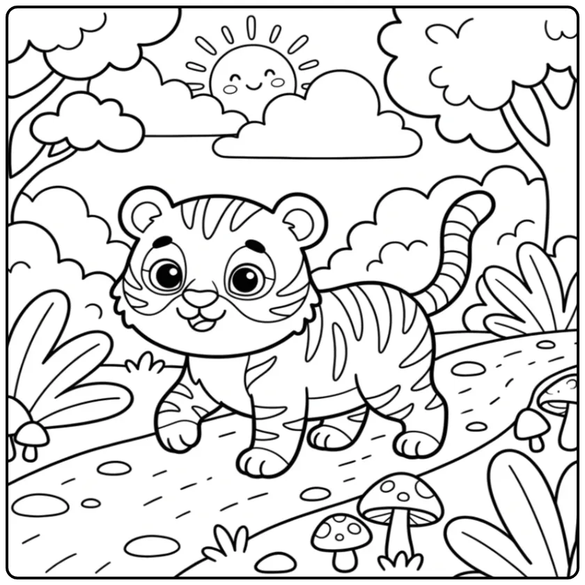Easy tiger coloring page on a forest path