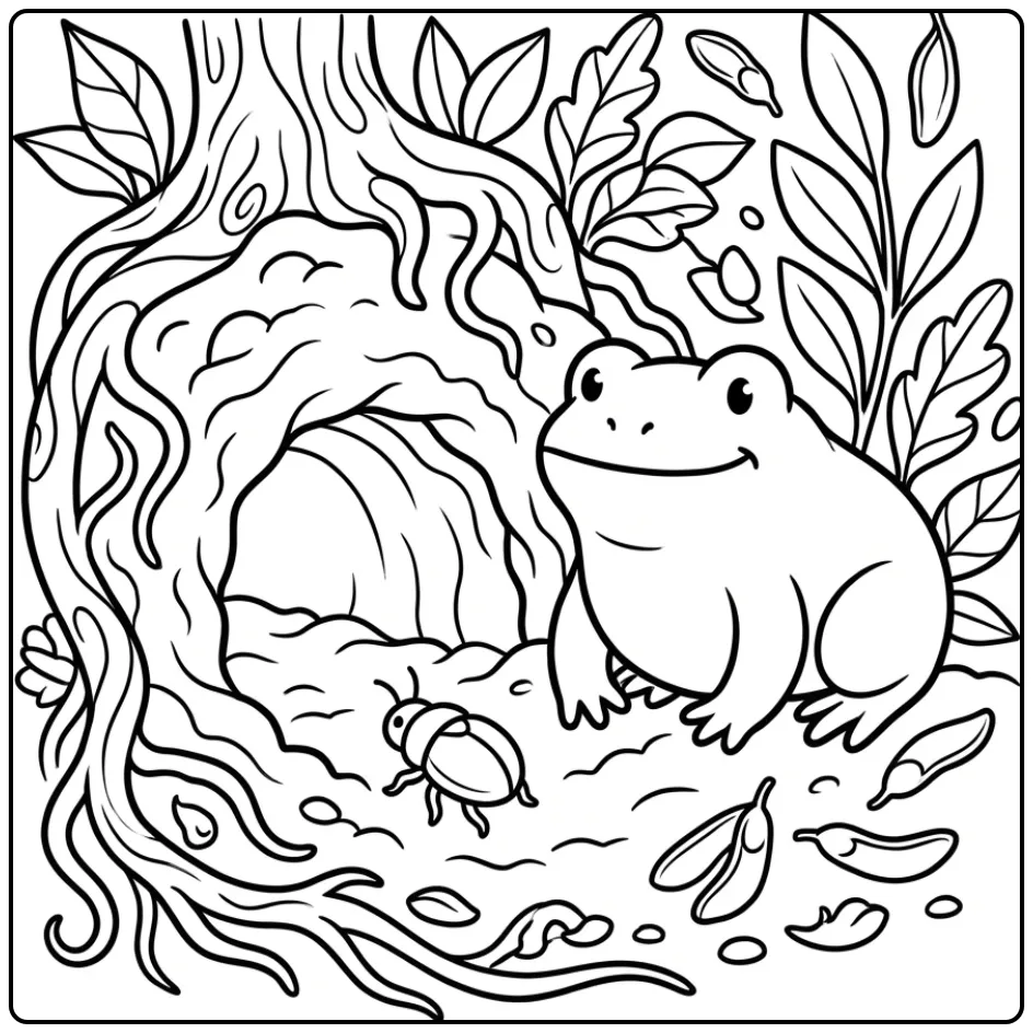Toad coloring page by a burrow with roots and leaves