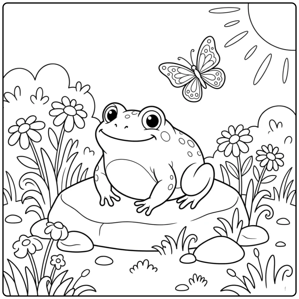 Cute toad coloring page on a stone in the sun