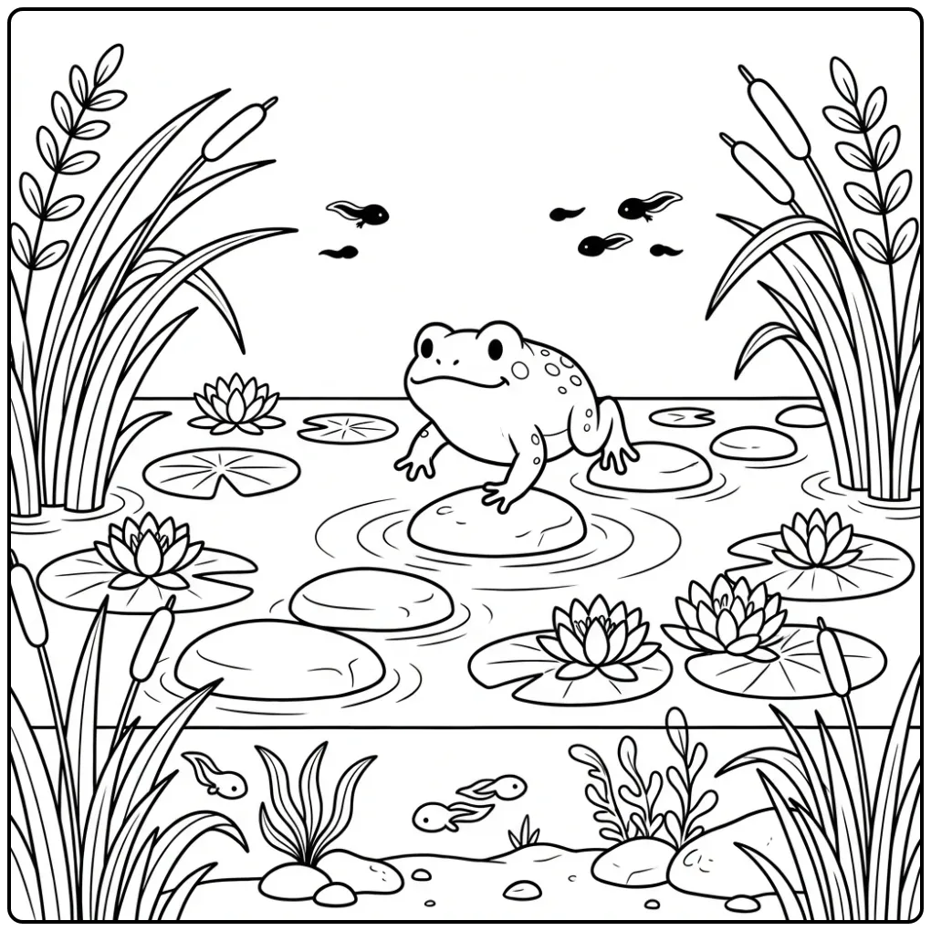 Toad coloring page jumping over stepping stones in a pond