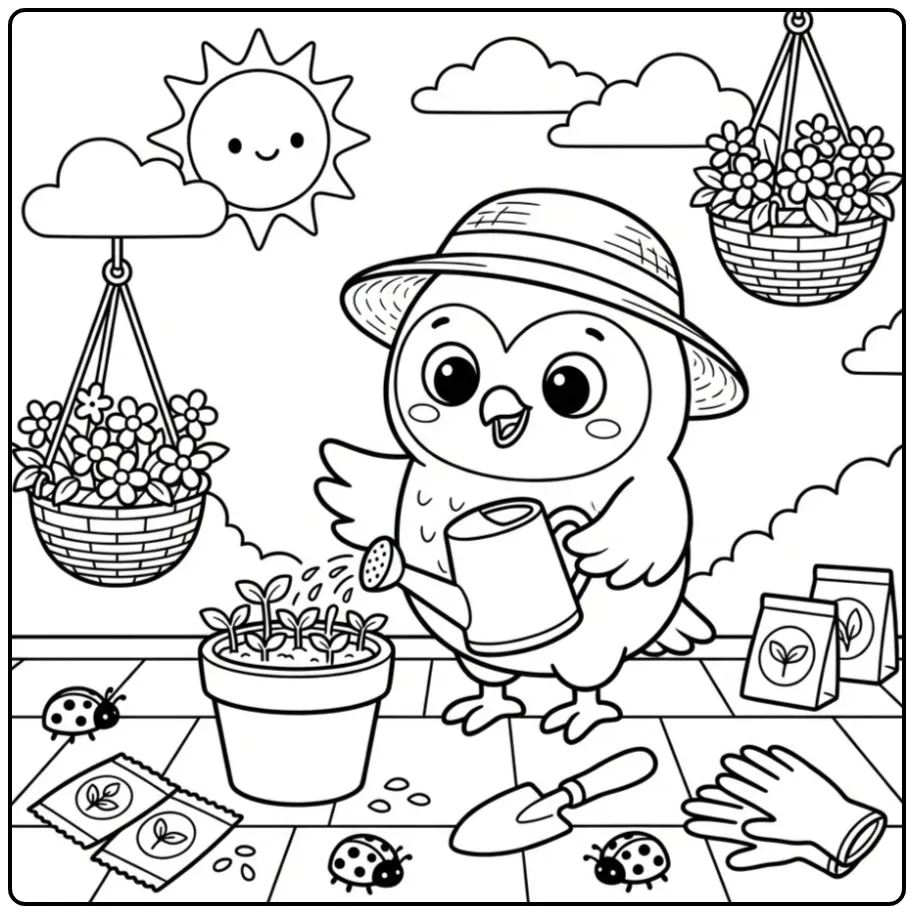 Owl coloring page with a watering can and garden plants