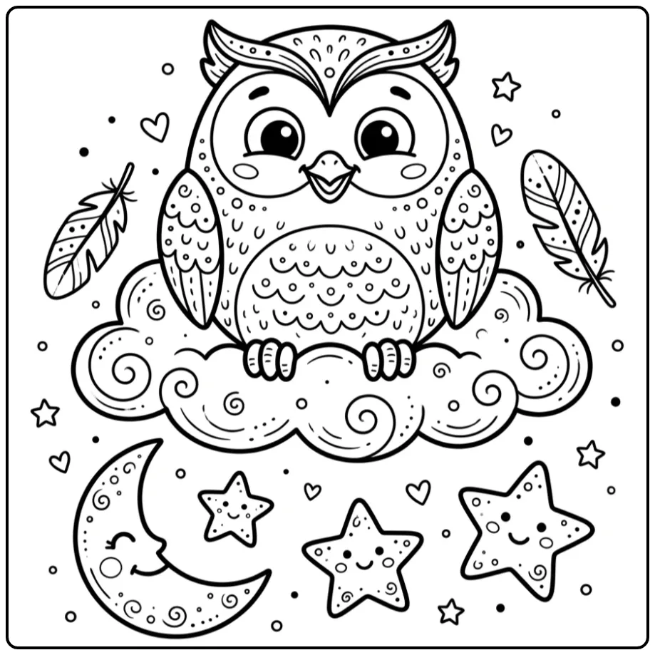 Simple owl coloring page on a cloud with the moon