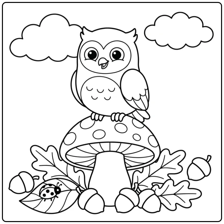Simple owl coloring page sitting on a large mushroom