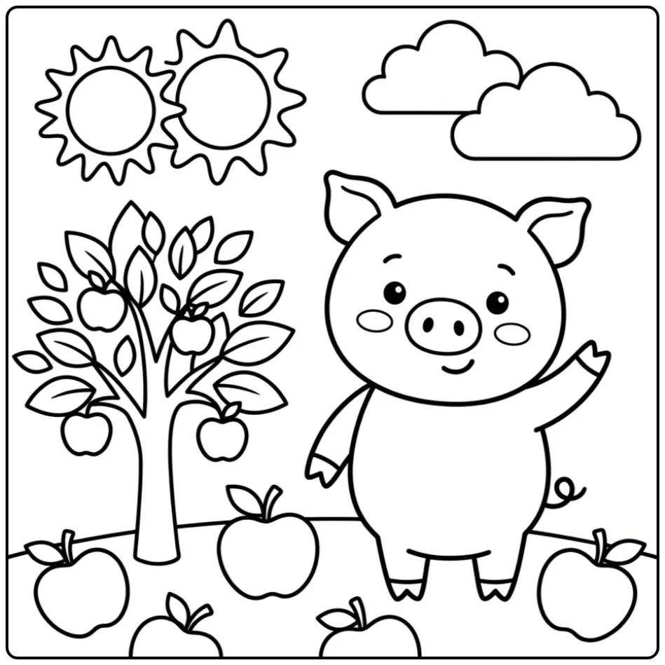 Toddler pig coloring page with a waving piglet