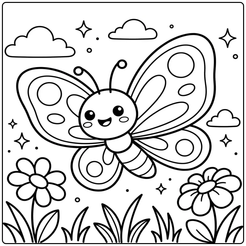 Simple butterfly coloring page with flowers and clouds