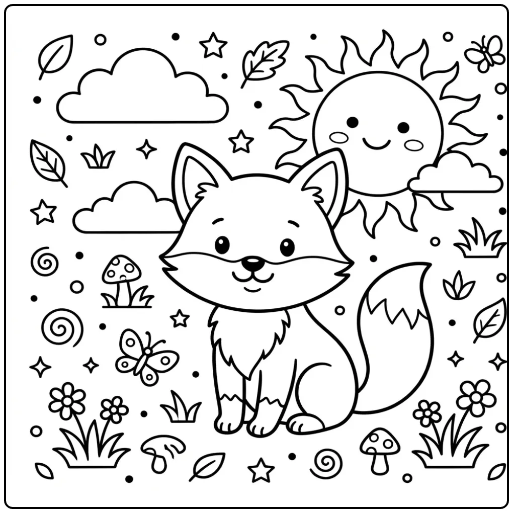Easy fox coloring page with sun and clouds