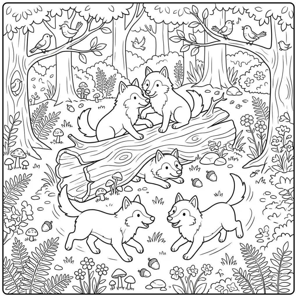 Wolf coloring page featuring wolves in the forest